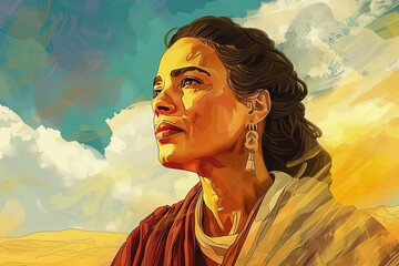 Courageous female judge Deborah, wise prophetess and leader, guiding ancient Israel with wisdom and strength, digital illustration