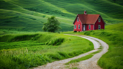 Fototapeta premium a charming scene in the countryside. A red house with a brown roof stands prominently in the center of the frame.