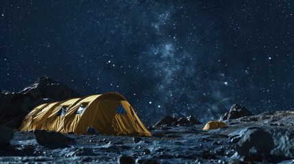 Tourists camp on a hill with a night sky full of stars.AI generated image - obrazy, fototapety, plakaty