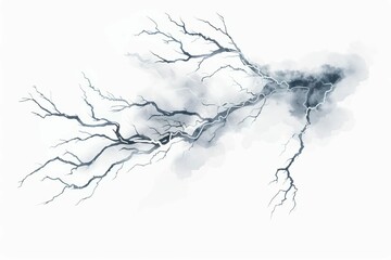 Realistic lightning bolt striking during intense thunderstorm, dramatic weather photography isolated on white background - obrazy, fototapety, plakaty