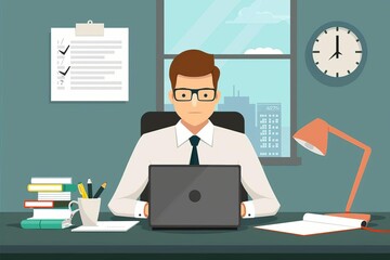 Fototapeta na wymiar Businessman using laptop to complete checklist of tasks, productivity and organization concept, flat vector illustration