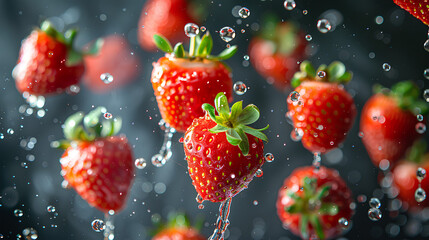 strawberries float in the air, drops of water, levitating
