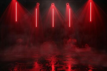 Mysterious dark stage with red neon lights and spotlights, smoky atmosphere, ideal for product showcases, 3D render