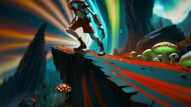 Abstract aurora borealis fantasy dream mushroom and magic game anime background.