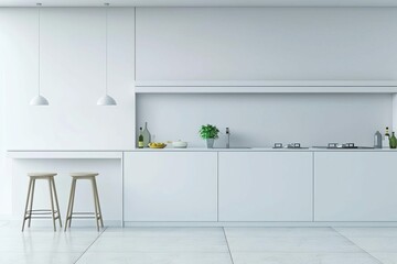 Modern white and gray minimalist kitchen with clean lines and sleek surfaces, contemporary interior design, 3D rendering