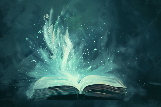 Book full of magic and fantasy, blue and white lights coming out of the creative and imaginative pages of an adventure read