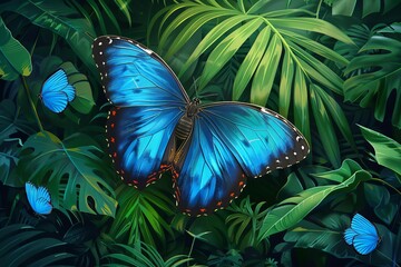 Majestic Blue Morpho butterfly fluttering in lush rainforest, vibrant tropical nature illustration