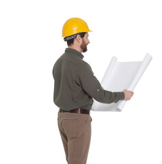 Architect in hard hat with draft on white background