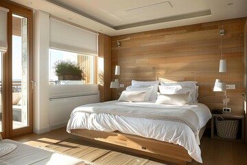 Fototapeta na wymiar Warm White Bedroom Interior, Contemporary Wooden Furnishings