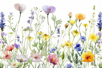 Seamless Watercolor Pattern, Meadow Flowers and Herbs