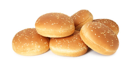 Many fresh burger buns isolated on white