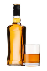 Naklejka na ściany i meble Glass and bottle of whiskey isolated on white