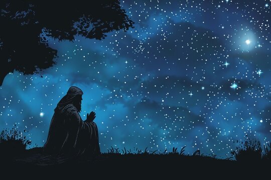 Silhouette of a wise old man conversing with God under a starry sky, spiritual illustration