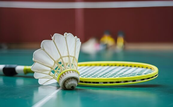 Cream white badminton shuttlecock and racket with neon light shading on green floor in indoor badminton court, blurred badminton background,