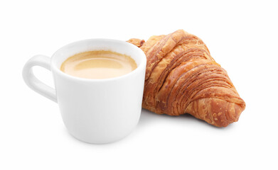 Fresh croissant and coffee isolated on white. Tasty breakfast