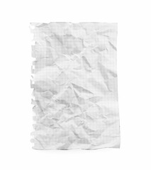 Crumpled checkered notebook sheet isolated on white, top view