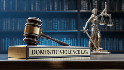 Domestic violence law: Judge's Gavel as a symbol of legal system, Themis is the goddess of justice and wooden stand with text word on the background of books - obrazy, fototapety, plakaty