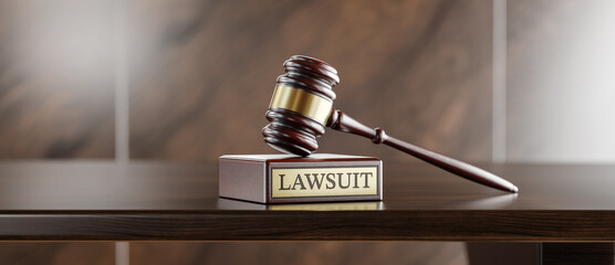 Lawsuit: Judge's Gavel as a symbol of legal system and wooden stand with text word - 780979024
