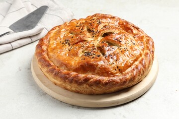 Tasty homemade pie with filling on light table