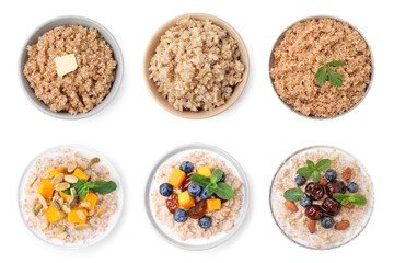 Set of tasty wheat porridge with different ingredients in bowls isolated on white, top view