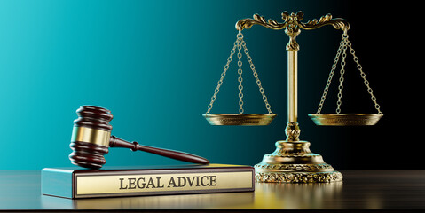 Legal advice:: Judge's Gavel, Scales of justice and wooden stand with text word - 780979407
