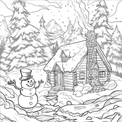 Cabin In The Woods With Snowman And Trees , Coloring Pages Vector