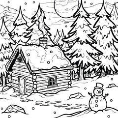Cabin In The Woods With Snowman And Trees , Coloring Pages Vector