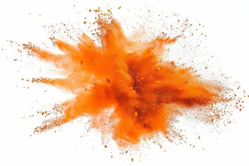 Bright orange Holi powder paint explosion burst for industrial print design, isolated on white