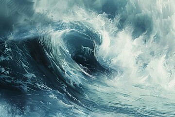 Powerful ocean wave crashing in the water on a stormy, windy day, fluid motion abstract illustration - obrazy, fototapety, plakaty