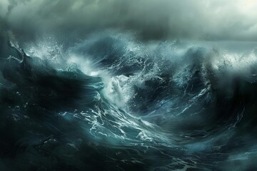 Powerful ocean wave crashing in the water on a stormy, windy day, fluid motion abstract illustration