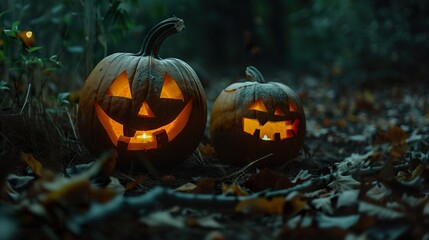 Carved Pumpkins Glowing in Halloween Darkness