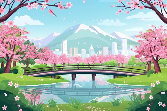 Tranquil city park in spring with bridge, pond, pink cherry blossom trees and mountain view, cartoon vecto