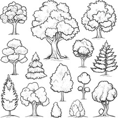 Naklejka premium Trees And Bushes In Different Shapes , Coloring Pages Vector