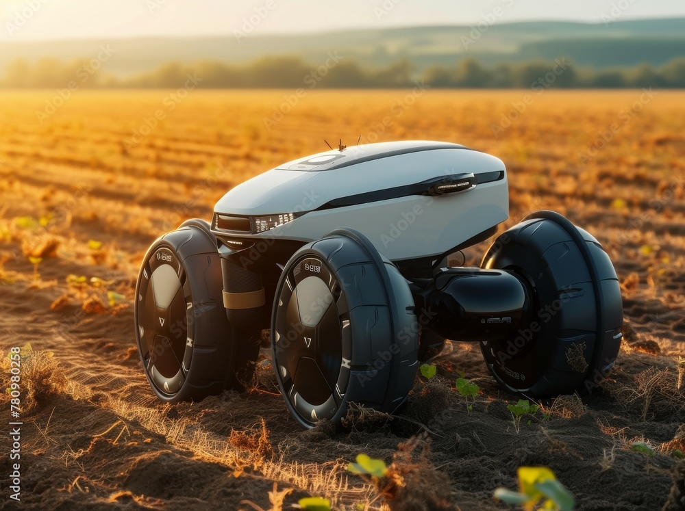Poster modern farm with robots. background with selective focus and copy space