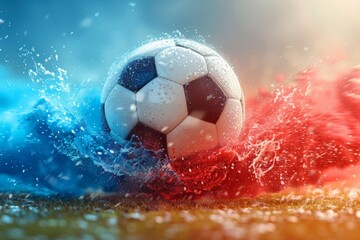 A soccer ball is in the water, surrounded by a splash of red, blue, and white