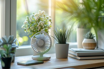 A small fan sits on a desk next to a potted plant and a book. Summer heat concept - obrazy, fototapety, plakaty