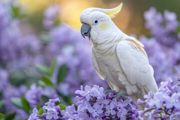 A white parrot is perched on a purple flower