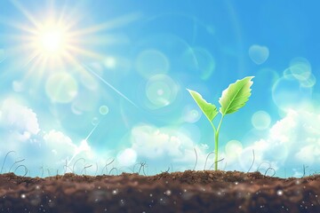 Young green seedling sprouting from rich soil towards bright morning sunlight, growth and new beginnings illustration - obrazy, fototapety, plakaty