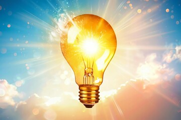 Glowing light bulb radiating bright ideas and creativity, digital illustration on white background