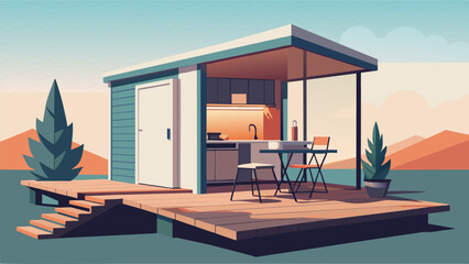 Fototapeta premium A small outdoor deck with a builtin grill and seating area showcasing the potential for outdoor living and entertaining in a tiny house. The