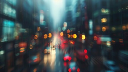 Busy street intersection with blurred traffic lights and rain