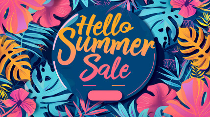 Engaging Hello Summer Sale Display with Circular Text Arrangement on a Tropical Patterned Backdrop. With copy space for %