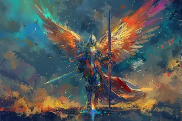 Deurstickers  Powerful Archangel Michael with Sword and Wings, Digital Painting © Lucija