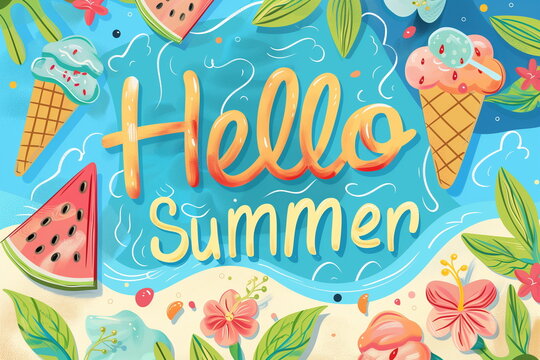 "Hello Summer" typography surrounded by ice creams, watermelon, and tropical flowers on a teal background.
