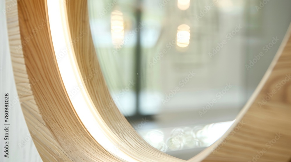 Poster a large circular mirror with a delicate wooden frame reflects the soft lighting and adds a touch of 