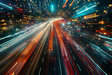 Fototapeta na wymiar Long Exposure Shot of Traffic on Highway at Night, Capturing Dynamic Movement, Photograph