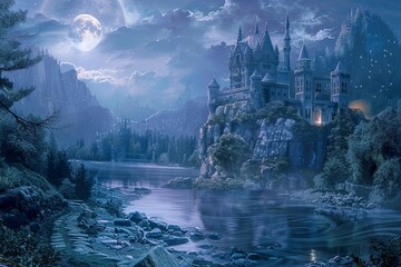 Enchanting Fairy Tale Castle on Cliff by River Under Full Moon, Fantasy Landscape Painting
