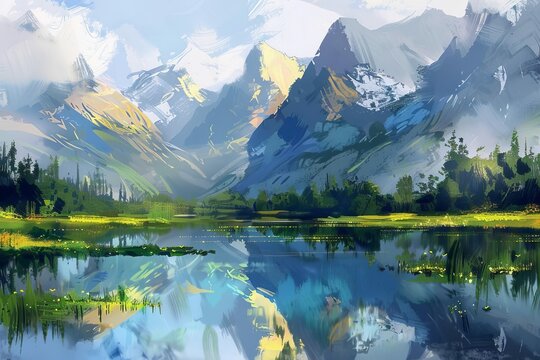 Serene Lake Reflecting Majestic Mountains in Natural Landscape, Digital Painting