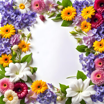 Square image of wet pansy gerbera carnation poppy sunflower periwinkle and lavender flowers frame border