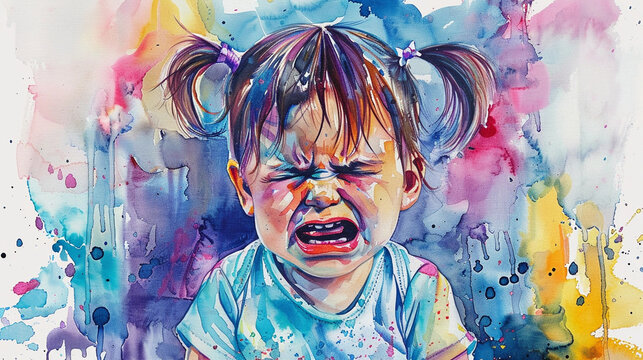Watercolor Painting Close-up of a Young Crying Caucasian Girl With Pigtails